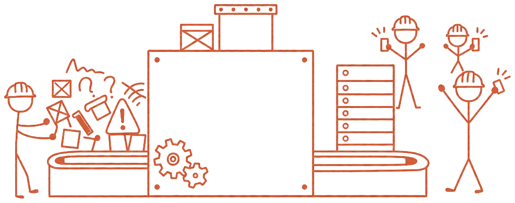 A production line drawn in one terracotta line. A worker loads a jumble of paperwork — question marks, a warning triangle, crossed boxes — onto a conveyor. It runs through a machine, and out the right comes a neat stack of records, while three workers each look at a phone that has just pinged.